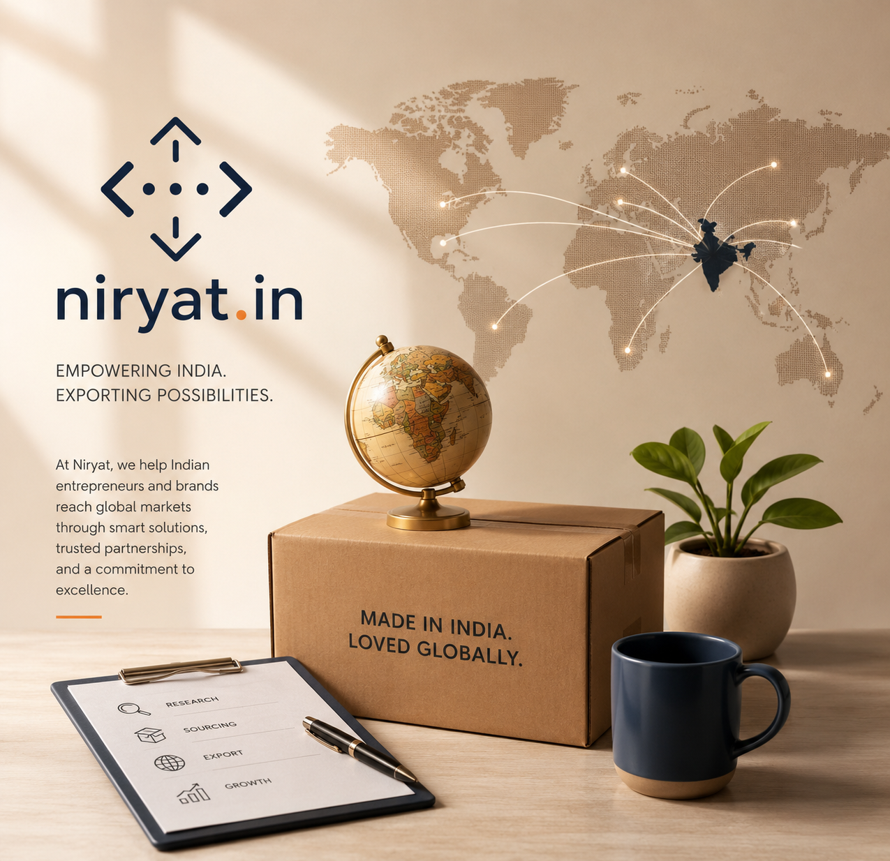 Niryat.in global export concept with world map, shipping box, globe and India trade routes.