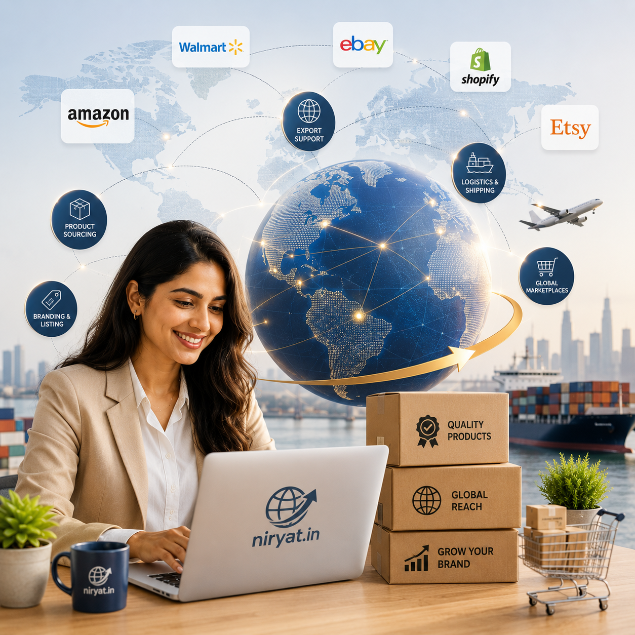 Entrepreneur selling products globally with international shipping, logistics, and export solutions.