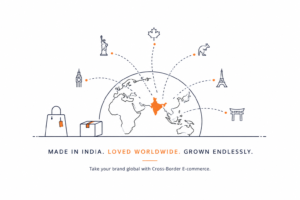Minimalist illustration showing Made in India products reaching customers worldwide through cross-border e-commerce.