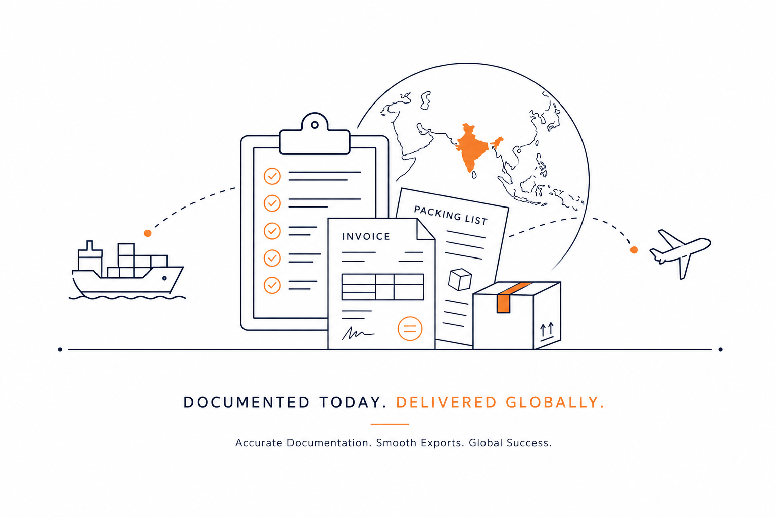 Minimalist illustration of export documentation enabling smooth global shipping from India.