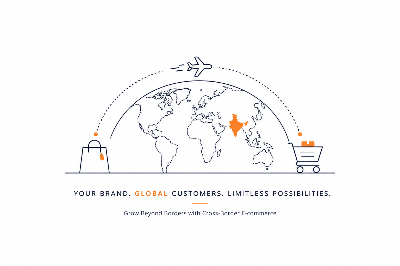 Minimalist illustration showing Indian brands reaching global customers through cross-border e-commerce.